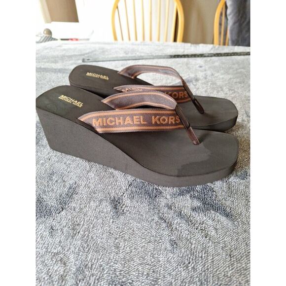 Michael Kors Shoes - Michael‎ Michael Kors Womans Sz 9 Brown Logo Square Toe Chunky Platform Thong...